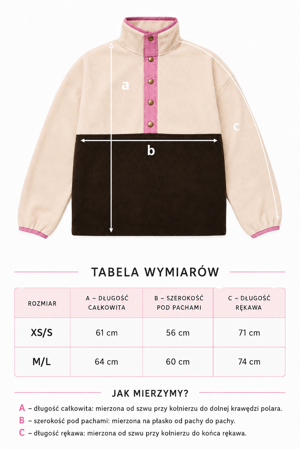 Tabela wymiarów polarów Merinoska w rozmiarach XS/S i M/L